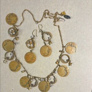 Brass tone Moon & Stars Charm Necklace and Earring Set